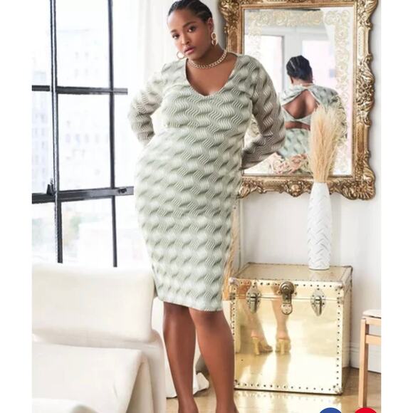 Eloquii Mesh Printed V Neck Twist Open Back Midi Dress Size 18 NWT Green Cream - Picture 11 of 12